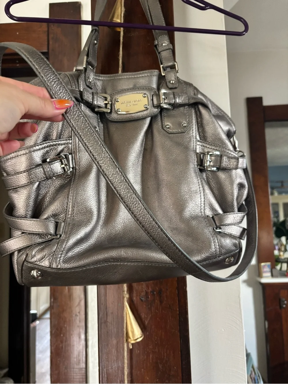 Michael Kors Metallic Gray Leather Hobo with Polished Plaque